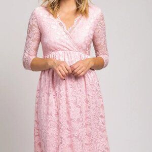 Maternity Lace Midi Dress Size M Pink Knee Length 3/4 Sleeves V Neck